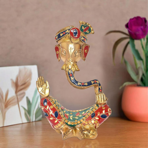 Brass Modern Ganesha Idol Ganesh Statue Multicolor Stone Work Finish | Home Decor/Office Entrance/Temple/Diwali Gift | (Height : 10 inch)