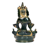 Tara Devi brass goddess idol, back view, detailed crown and green-gold metallic finish