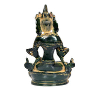 Tara Devi brass goddess idol, back view, detailed crown and green-gold metallic finish