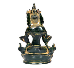 Tara Devi brass goddess idol, back view, detailed crown and green-gold metallic finish