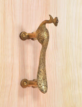 Gold brass peacock door handle, arched neck and tail cutout with two screw backs