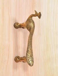 Gold brass peacock door handle, arched neck and tail cutout with two screw backs