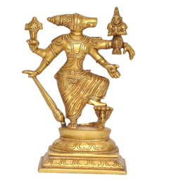 Brass Varaha Lakshmi Varaha idol with Bhudevi figure, detailed jewelry and pedestal