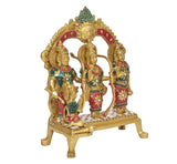 Ram Darbar idol three figures with staffs, decorative arch and beaded crown at top