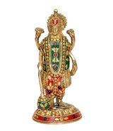 Brass Vishnu four-armed idol front view with green and red painted ornaments and beads