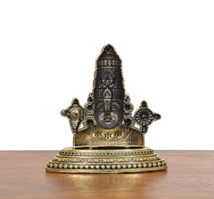 Tirupati Bala Ji brass face showpiece, rear view with carved headgear and base