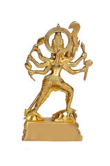 Brass Kali Maa religious statue from side view, raised arms and textured base