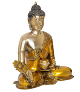 Buda dourado sentado, mãos em flor e tigela de incenso, detalhes ornamentais