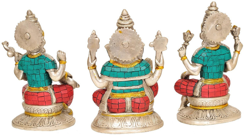 Brass Set of Threw Lakshmi, Ganesha, Saraswati idols in silver (Height: 6 Inches)