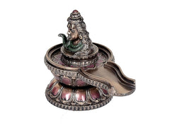 Resin Shiva Shivlingam Idol, angled view of bronze spout and lotus base