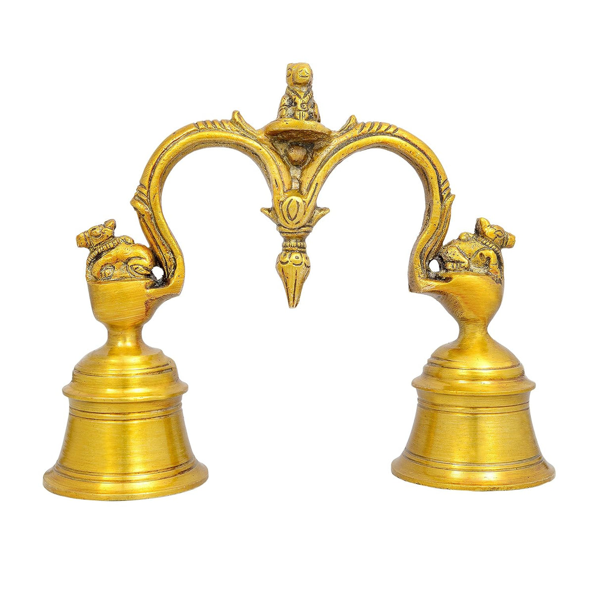 Brass bell pair with 3 Nandi figures, 5-inch height, decorative handle