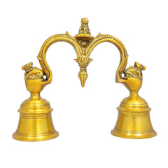 Brass bell pair with 3 Nandi figures, 5-inch height, decorative handle