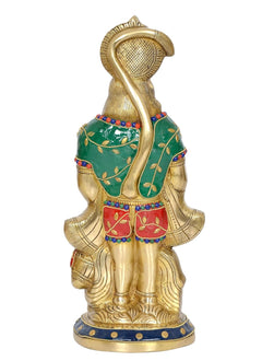 Brass Hanuman statue back view, ornate crown and green-red inlay cloth, 12 in
