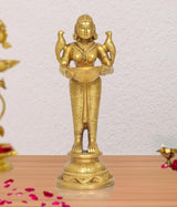 Brass Lakshmi oil lamp diya figurine, arms raised, holding bowl, 8 inch tall