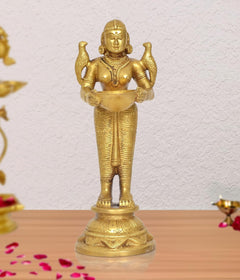 Brass Lakshmi oil lamp diya figurine, arms raised, holding bowl, 8 inch tall