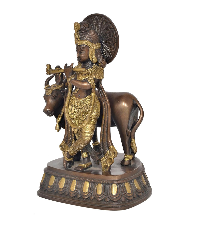 Brass Lord Krishna with Cow Idol Figurine Sculpture Playing Flute Statue Decorative Showpiece, (Height 10 Inch)