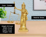 Brass Lady Justice statue, gold tone; 8.5 in height; holding weighing scales