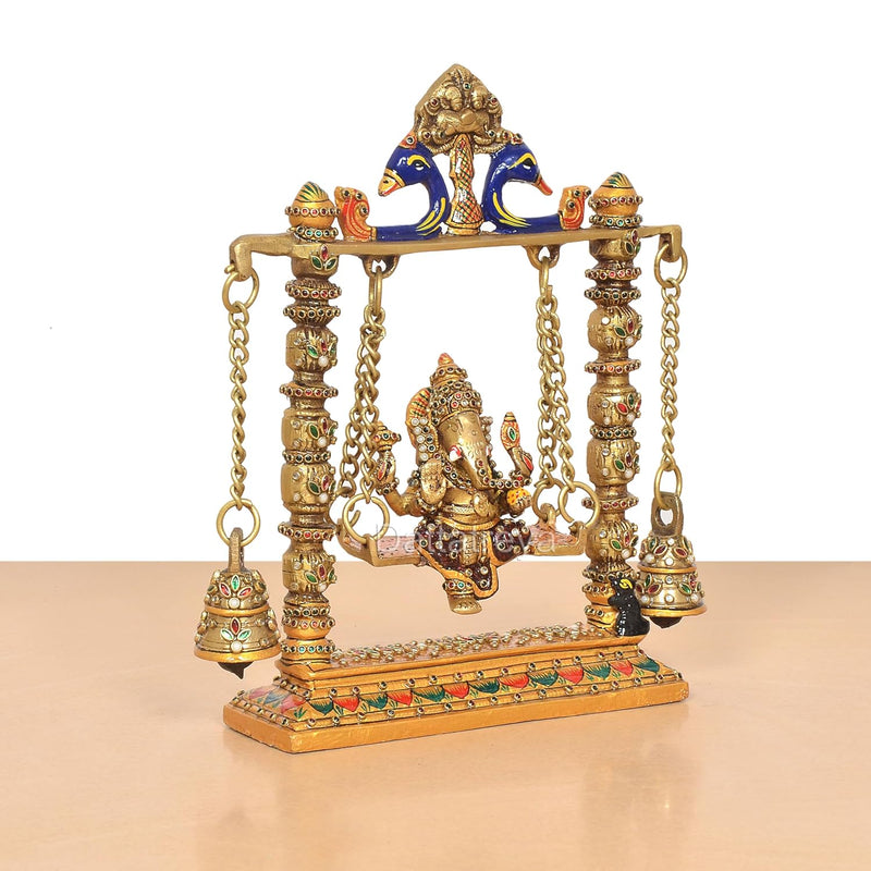 Brass Ganesha On Swing with Two Parrot Holding Chain Idol (Height 10 Inch)