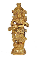 Brass Radha Rani statue seated with ornate crown, golden finish, front view