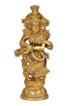 Brass Radha Rani statue seated with ornate crown, golden finish, front view