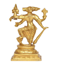 Brass Varaha Lakshmi Varaha statue in dynamic pose with Bhudevi, ornate base