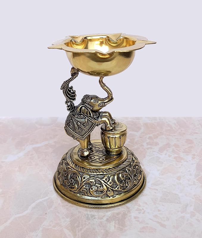 Brass Elephant Oil Lamp Diya for Home Pooja Antique Items Gift Items Deepam Diwali Home and Office Decor (Height: 5 Inch) Craft Detail