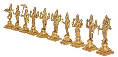 Ten golden Brass Vishnu avatar statues standing in a row, detailed headgear