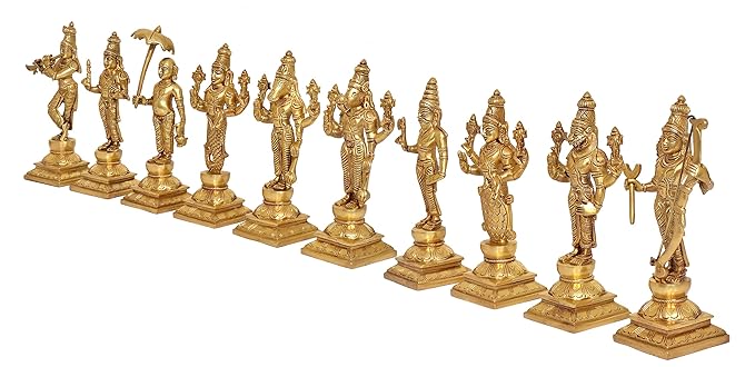 Brass Dasavatharam of Lord Vishnu Statues Ten Incarnations Avatars Murti (Hight: 9.5 Inches)