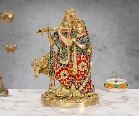 Brass Radha Krishna with Cow Idol (Height 9.5 Inch)