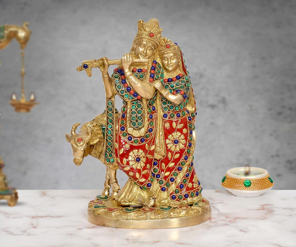 Brass Radha Krishna with Cow Idol (Height 9.5 Inch)