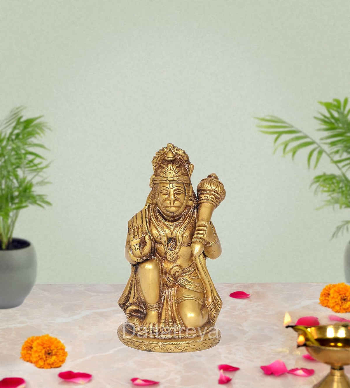 Brass Hanuman JI sitting idol statue, 6 inch height, with raised right hand