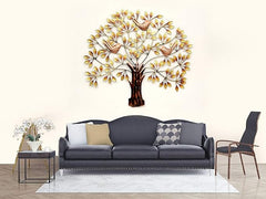 Iron wall art tree with bird figurines and gold leaves, decorative wall hanging