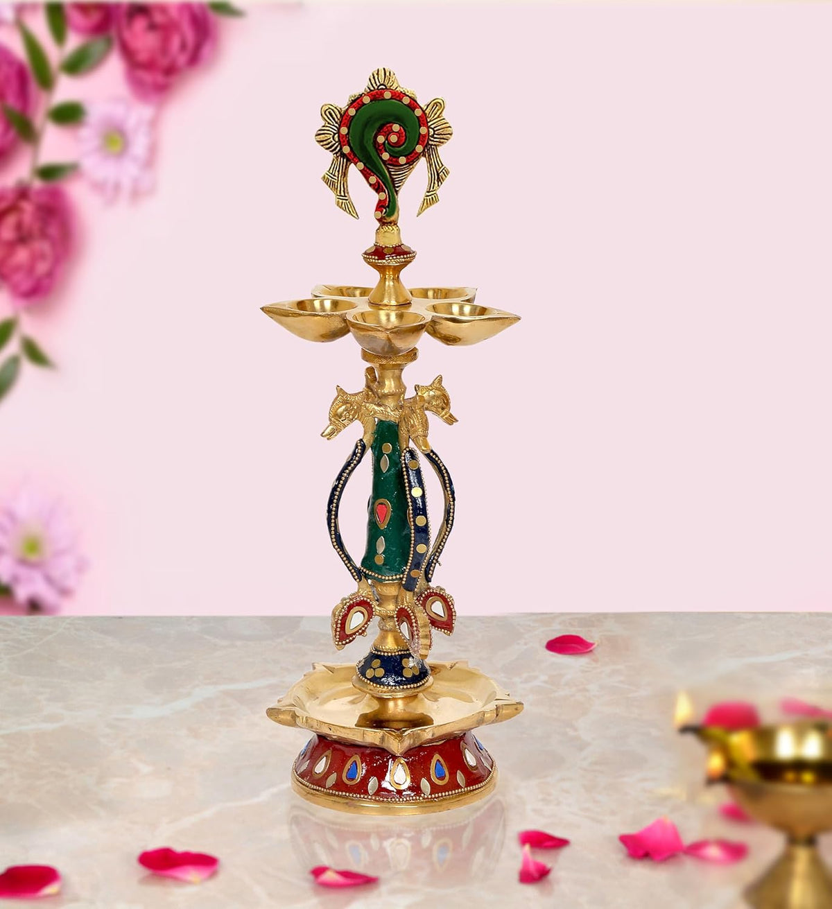 Brass oil lamp diya with figurine, multi-color green red blue painted details