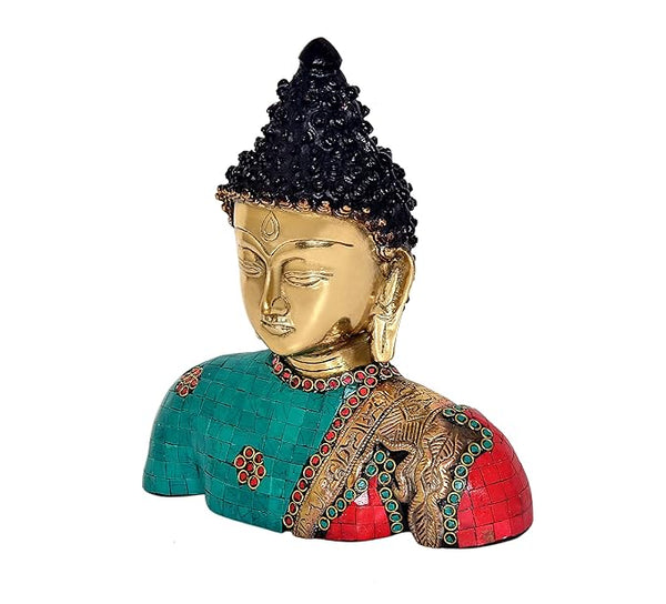 Brass Buddha Bust Statue Idol, Height 10 inch I Home Decor Study Setting