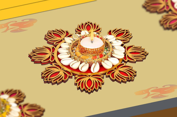 Diya candle holder with lit white tea light and red-gold lotus petals around center