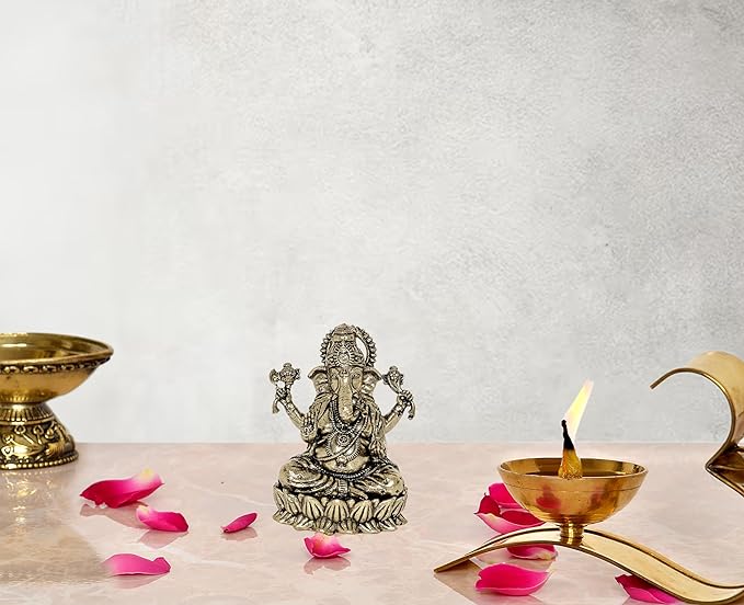 Super Fine Brass Lord Ganpati murti, seated with detailed ornaments on lotus base