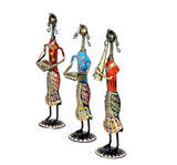 Iron musician lady set of 3, three standing figurines in colorful embroidered outfits