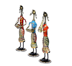 Iron musician lady set of 3, three standing figurines in colorful embroidered outfits