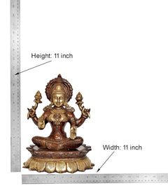 Brass Lakshmi idol statue with height/width shown; seated on lotus base