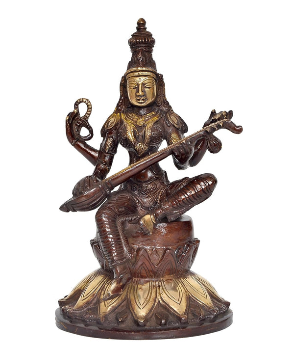 Brass Saraswati Seated on Lotus - Handcrafted Hindu Goddess Saraswati Idol for Home Decor and Pooja (Height 10 Inch)