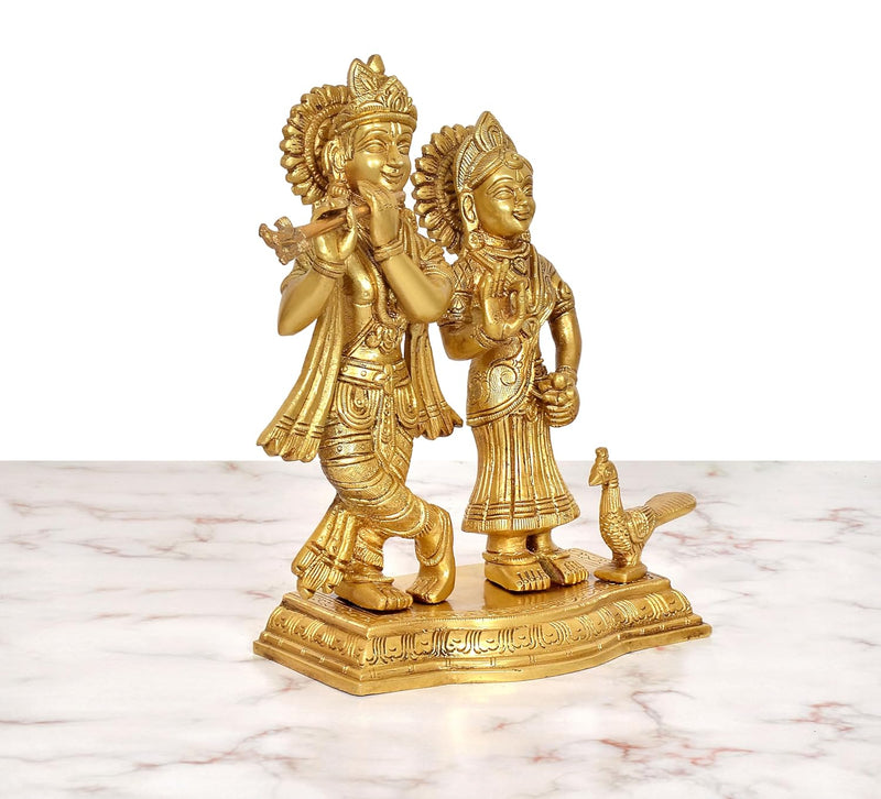 Brass Radha Krishna Idol with Peacock (Height 9 Inch)
