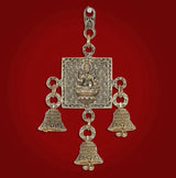 Engraved Lakshmi-Ganesh wall hanging plaque with bell charms and ornate frame