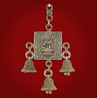 Engraved Lakshmi-Ganesh wall hanging plaque with bell charms and ornate frame