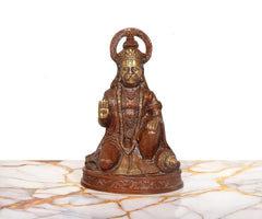 Brass Hanuman JI sitting blessing statue, 9-inch, front view, detailed robe and base