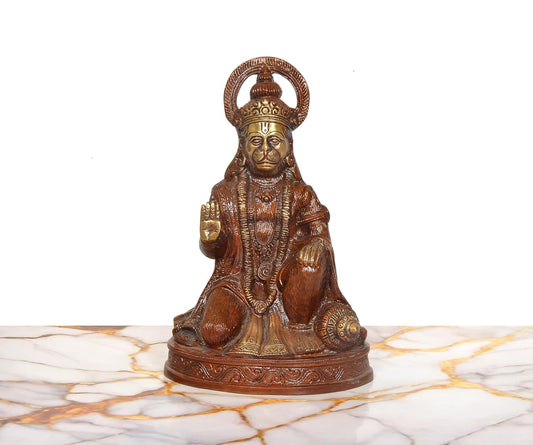 Brass Hanuman JI Sitting in Blessing Statue (Height: 9 Inch)