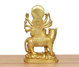 Back view of brass Durga Maa idol on tiger, detailing on headdress and draped garment