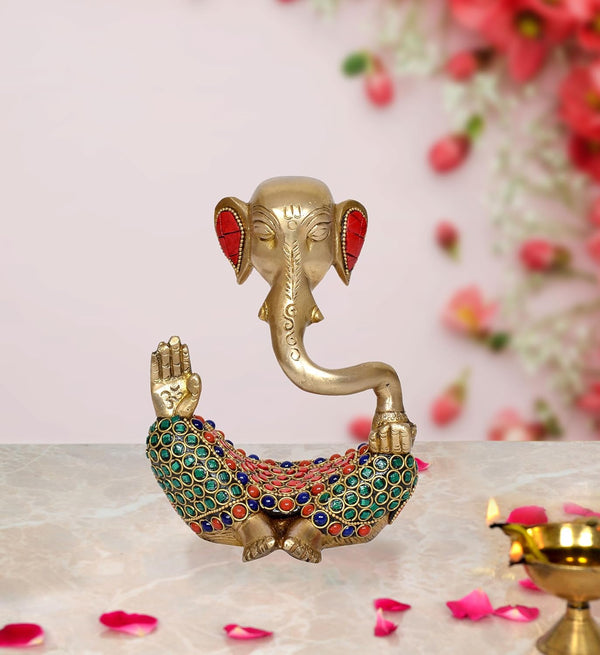 Brass Modern Ganesha Idol Ganesh Statue Multicolor Stone Work Finish | Home Decor/Office Entrance/Temple/Diwali Gift | (Height : 6 inch) (Green)