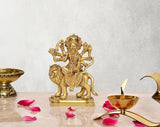 Durga Maa brass figurine seated on lion, ornate crown and raised arms, 5 inch