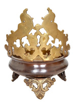Brass peacock urli top crown detail with openwork dancer motifs