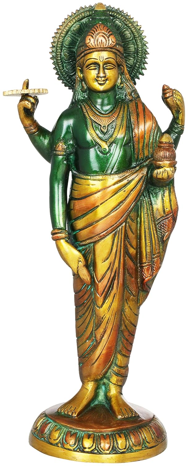 Brass Dhanvantari statue, green-gold deity with raised hands, 11.3 in